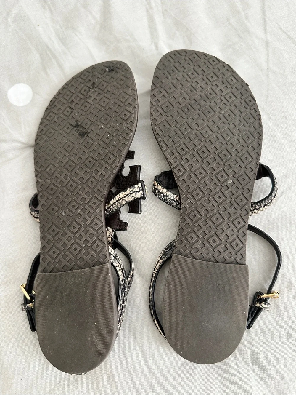 Tory Burch Brown Leather T-Strap Sandals with Snakeskin Accents
